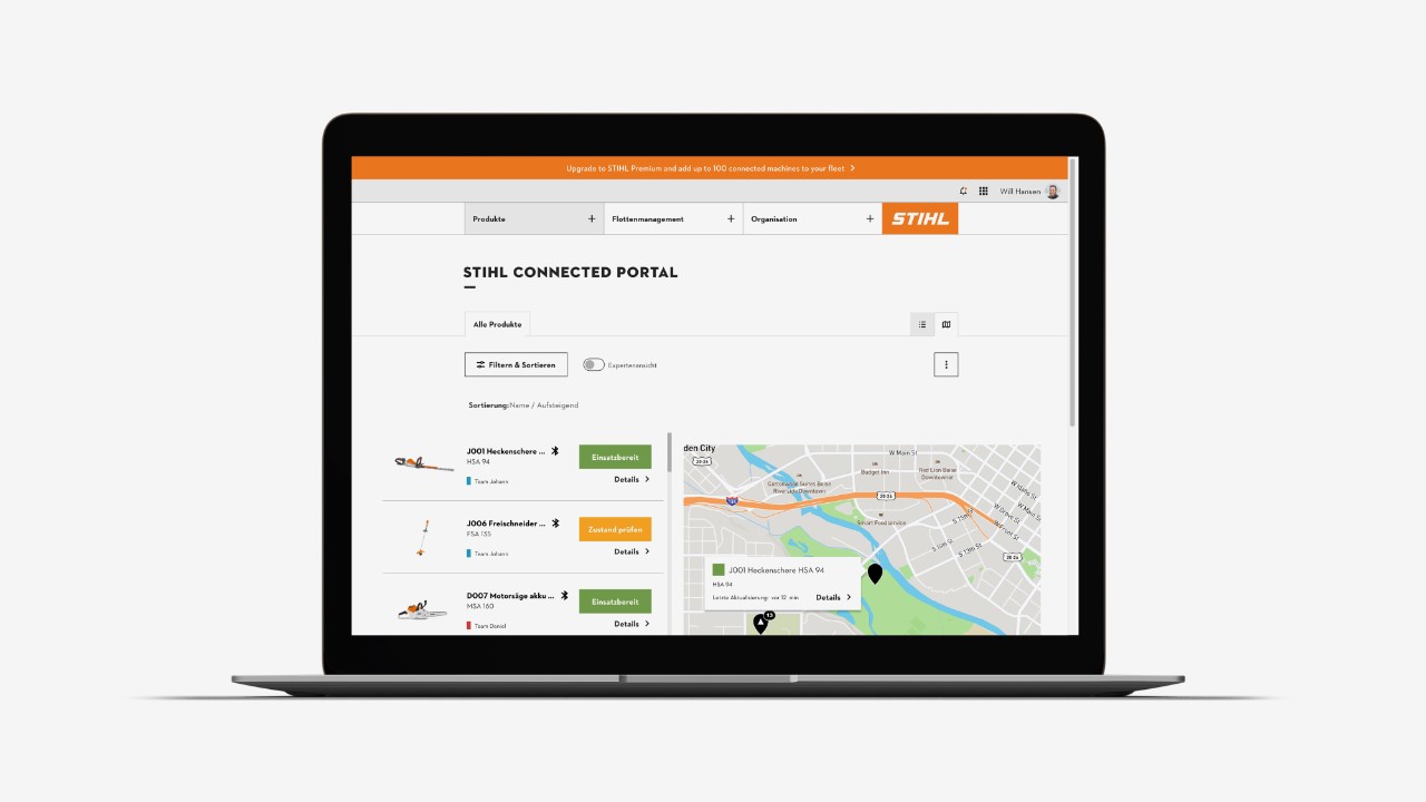 Produktoversikt i STIHL Connected-portalen inkludert kart