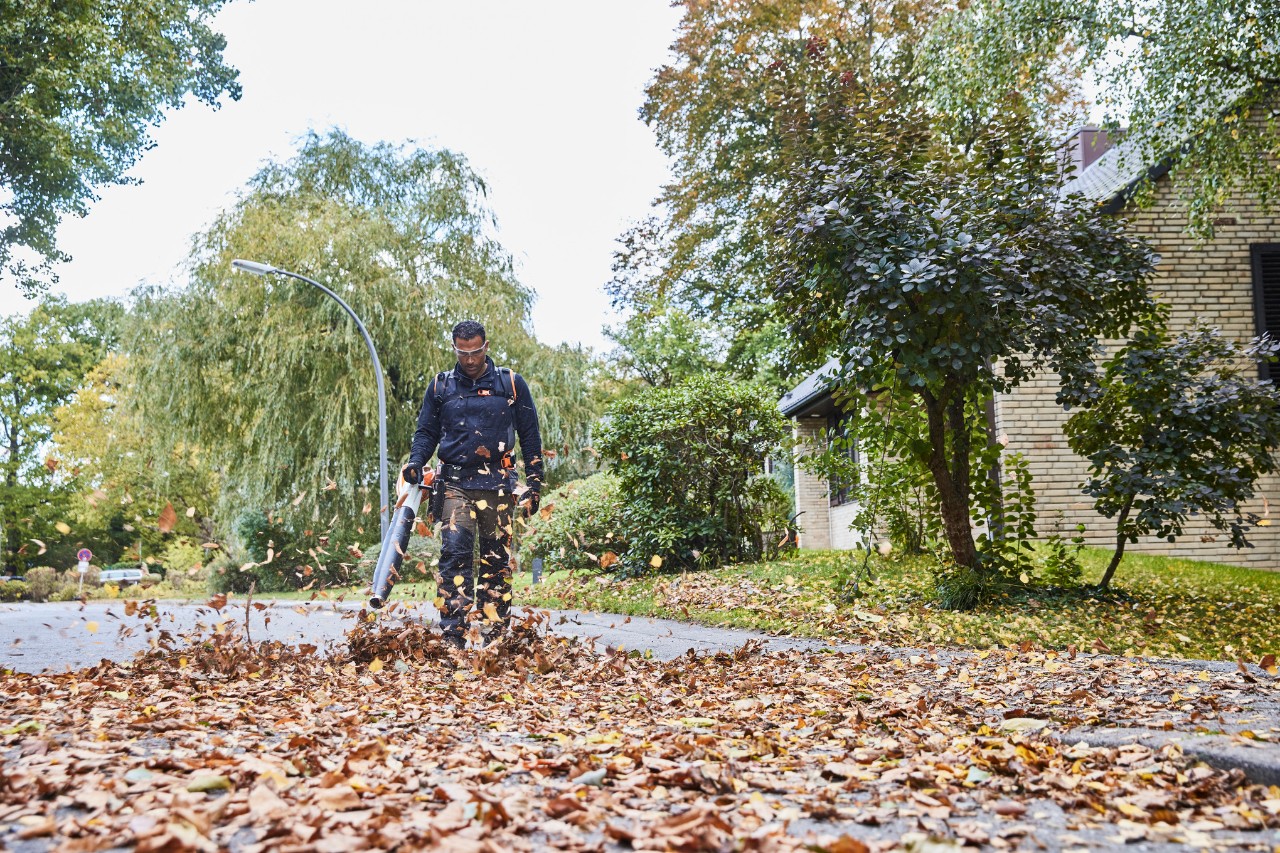 En gartner og landskapsarkitekt blåser en vei tom for løv med en STIHL BGA 200 batteridrevet løvblåser.