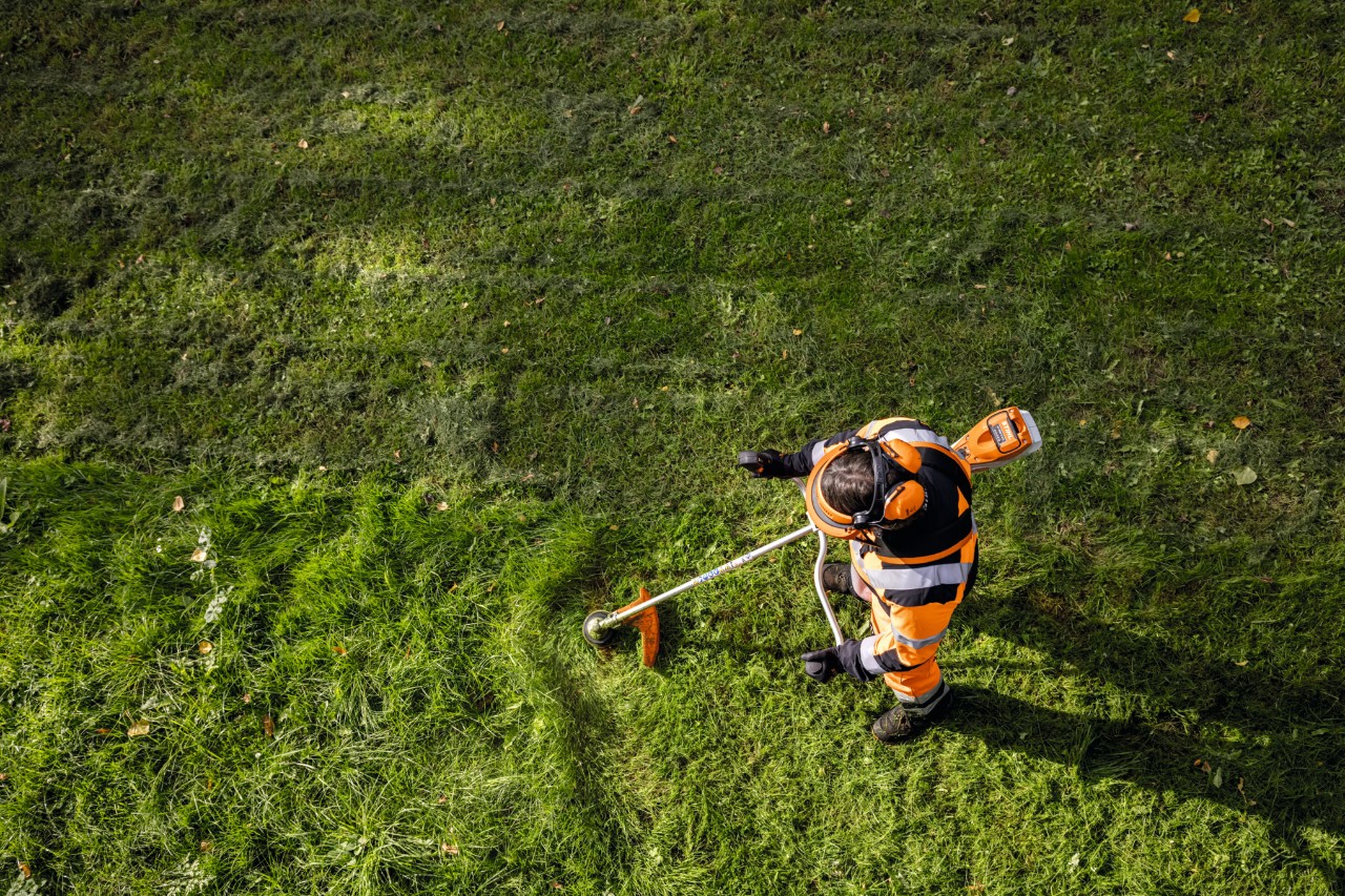 Gartner og landskapsarkitekt i oransje arbeidsklær klipper høyt gress med STIHL FSA 135 batteridrevet ryddesag