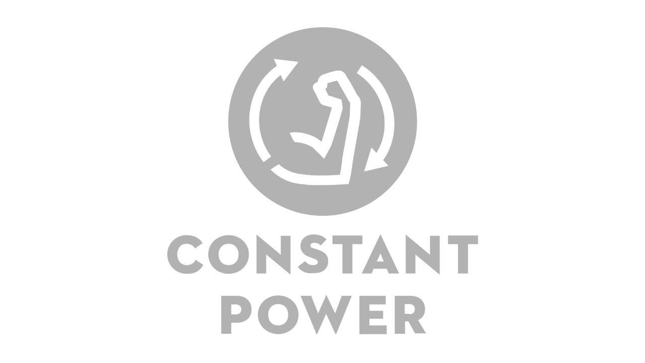 Ikon med muskuløs overarm og to piler i klokkeretningen, med teksten «Constant Power»